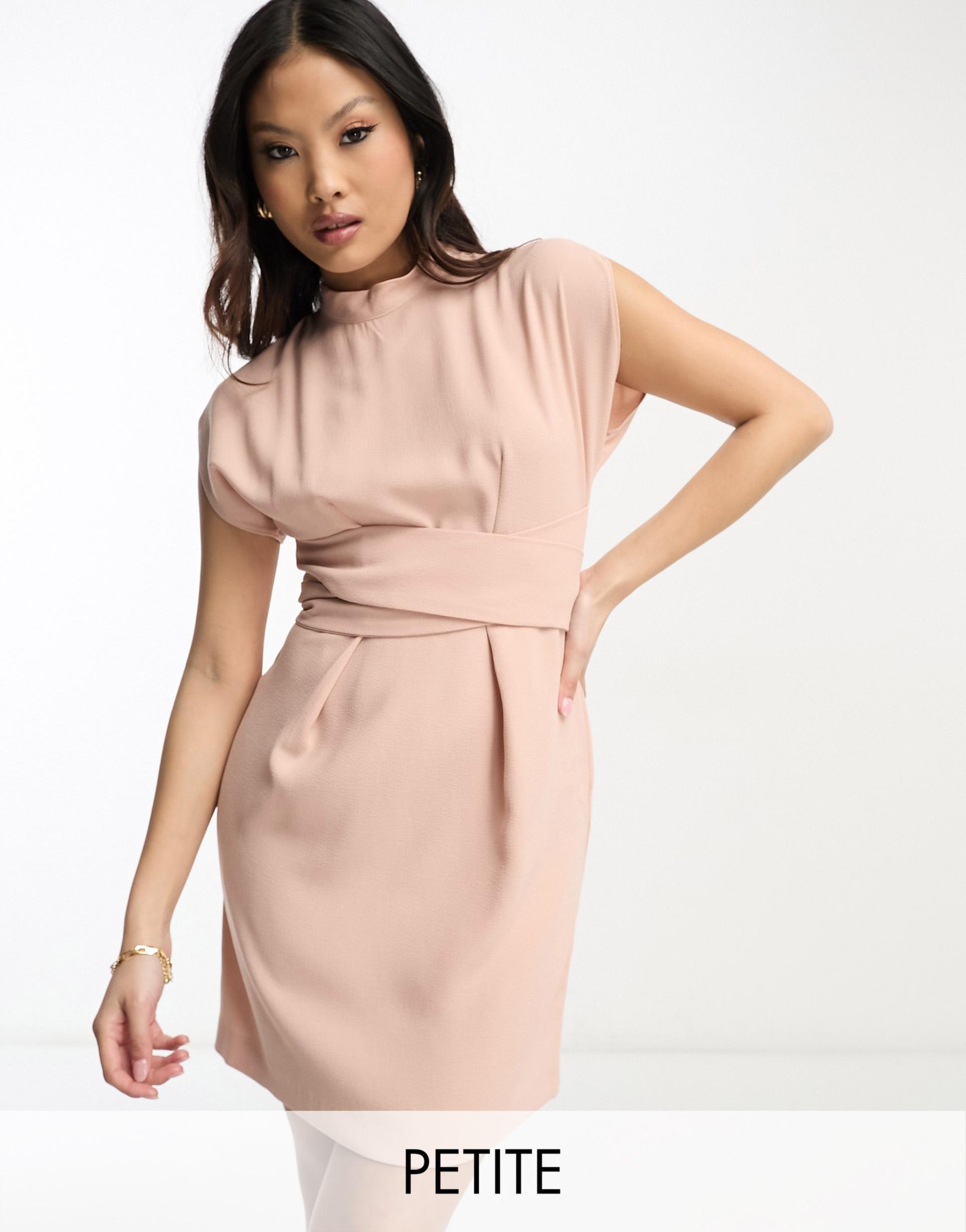 closet london petite tie waist mini dress in blush