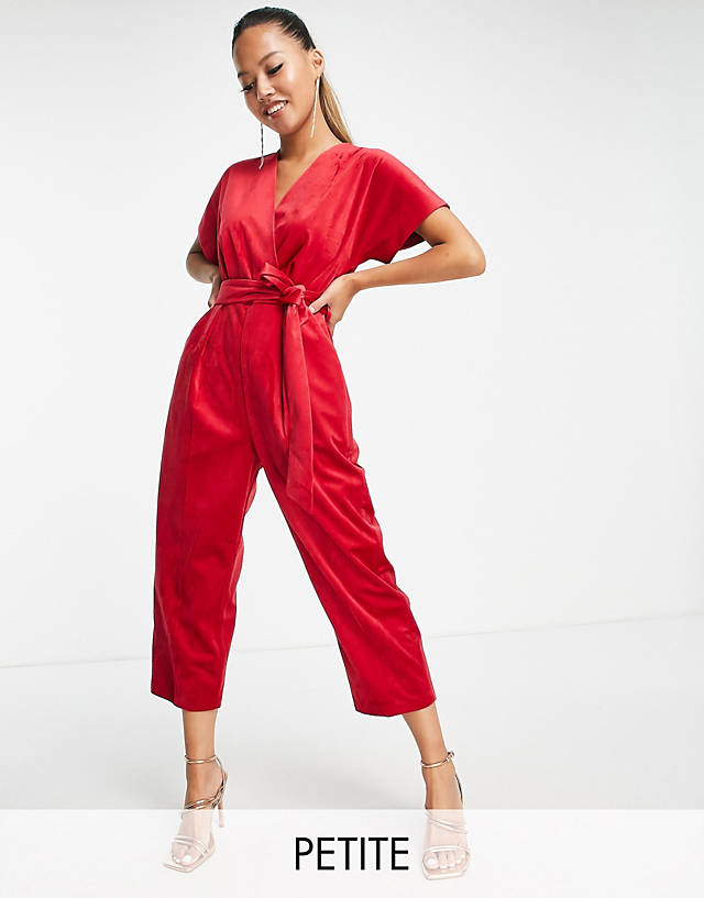 Closet London Petite - velvet wrap jumpsuit in red