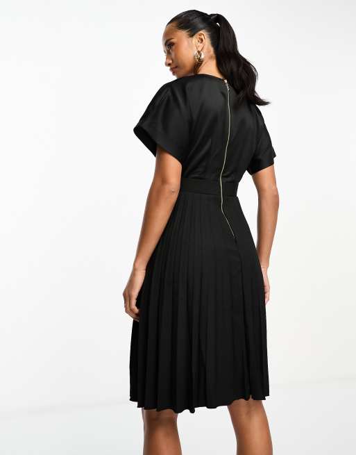 Closet London Petite wrap front pleated midi skater dress in black