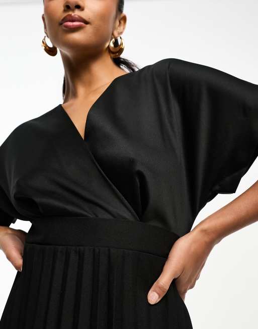 Closet London Petite wrap front pleated midi skater dress in black