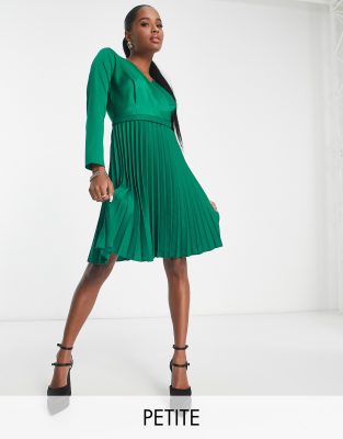 Closet London Petite Wrap Front Pleated Midi Skater Dress In Emerald-green