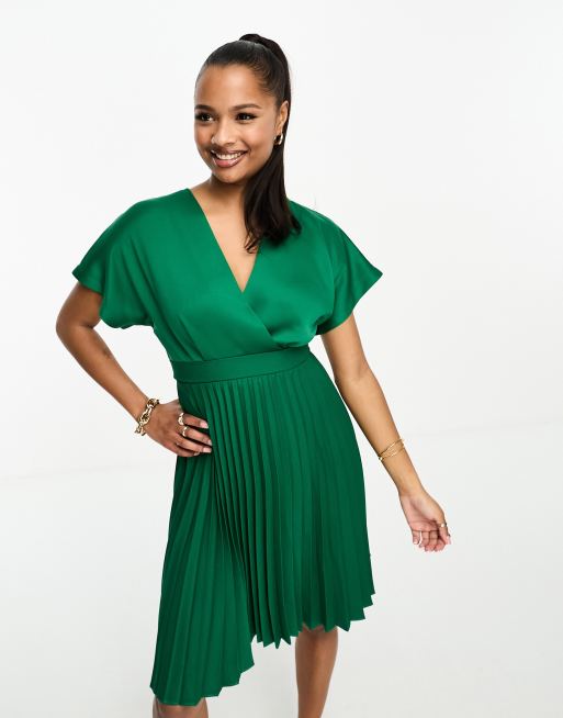 Closet London Petite wrap front pleated midi skater dress in emerald