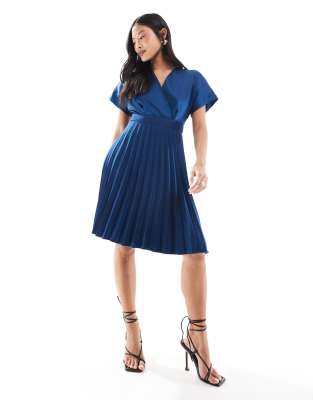 wrap front pleated midi skater dress in navy