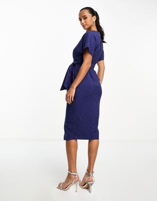 Closet London Petite wrap front pleated midi skater dress in navy