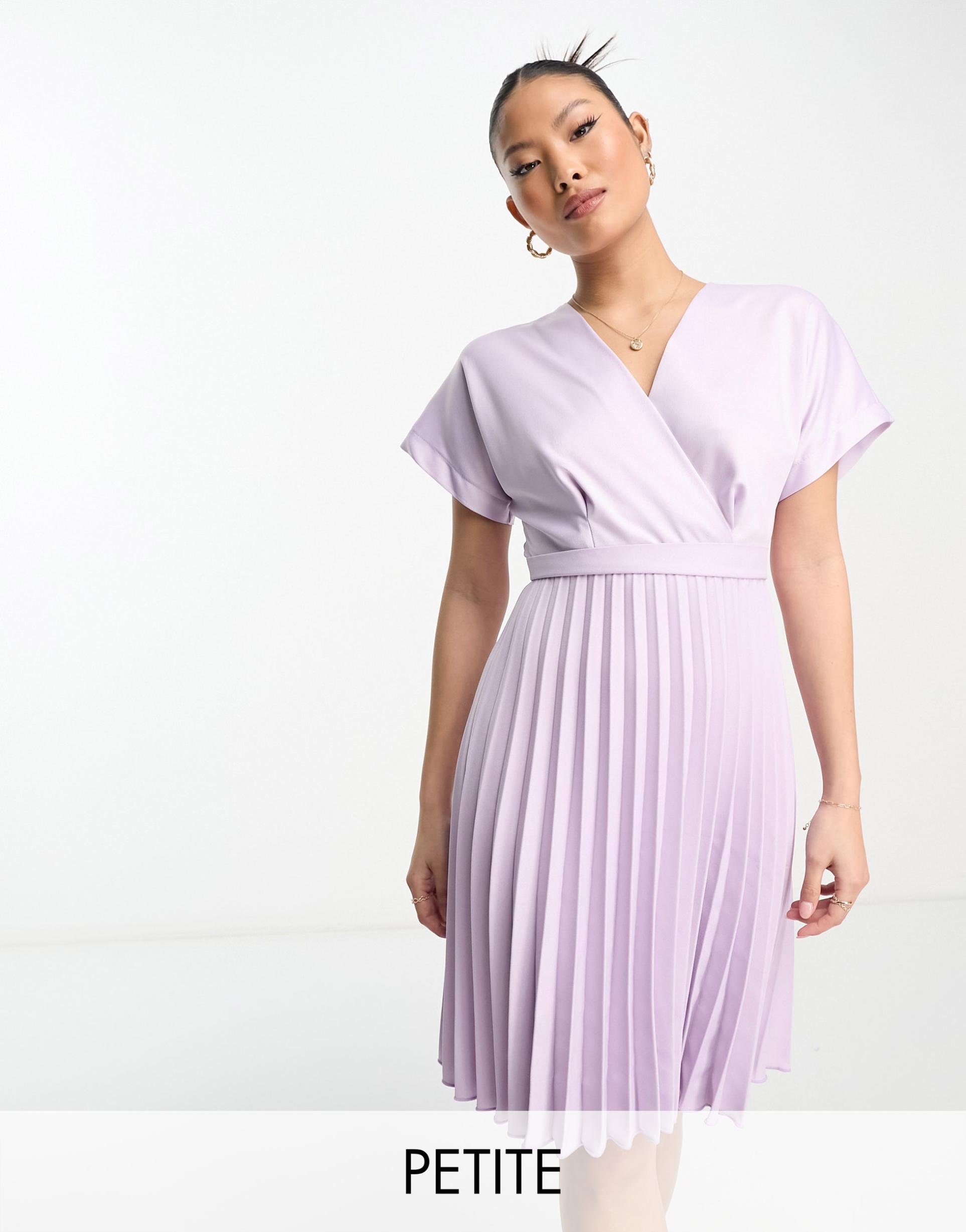 closet london petite wrap front pleated mini dress in lavender