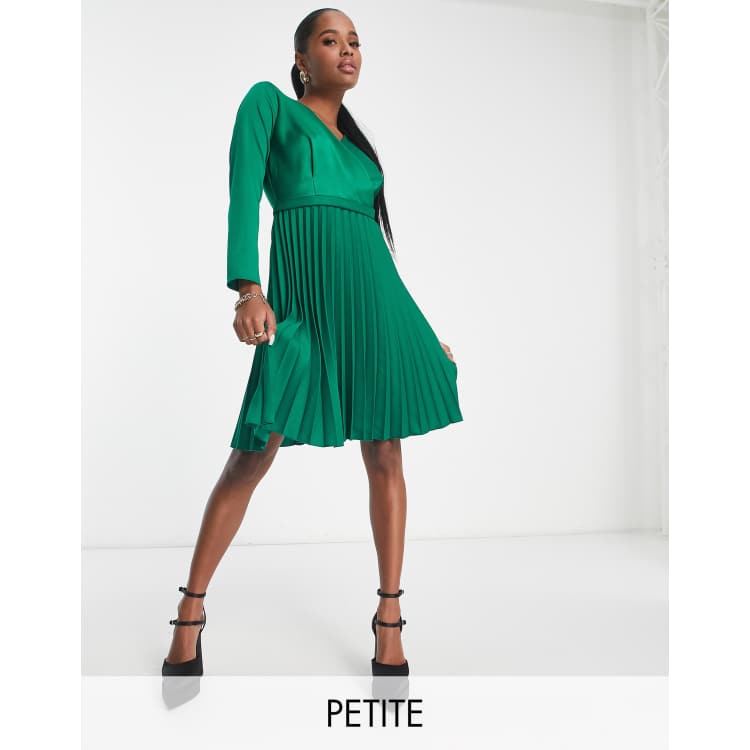 Closet London Petite wrap front pleated mini skater dress in emerald