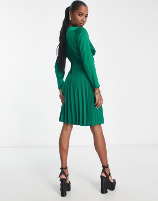 Closet London Petite wrap front pleated mini skater dress in emerald