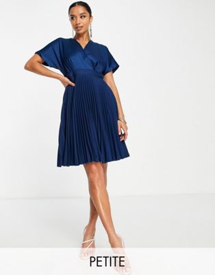 wrap front pleated mini skater dress in navy