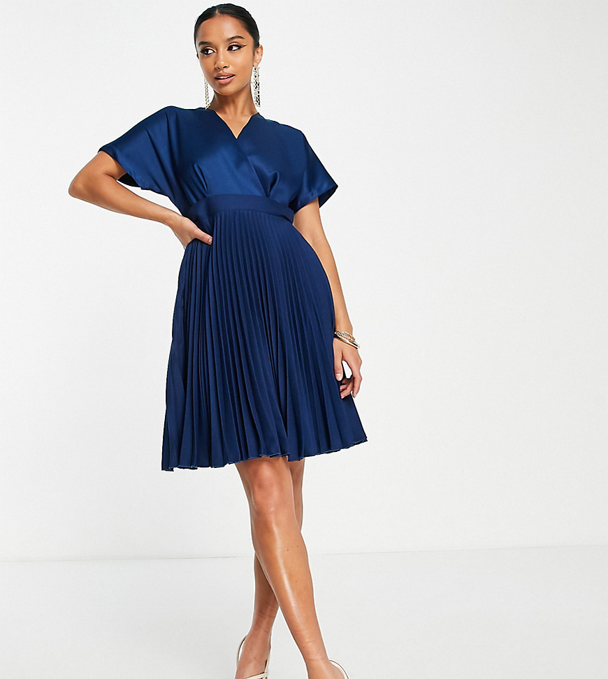 Closet London Petite Wrap Front Pleated Mini Skater Dress In Navy In Blue
