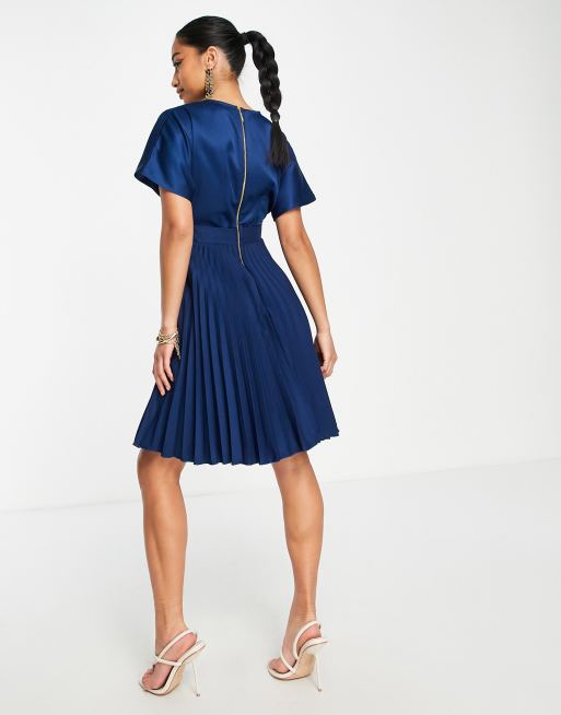 Closet London Petite wrap front pleated mini skater dress in navy