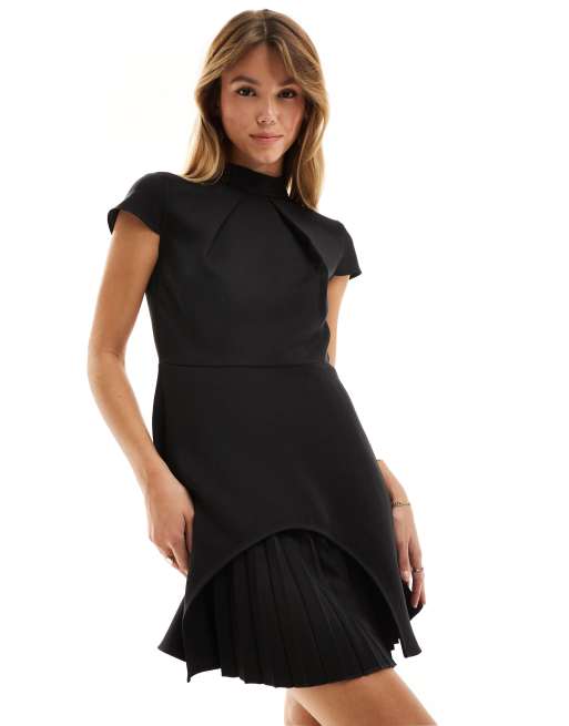 Closet London pleated cap sleeve mini dress in black, 3 of 4
