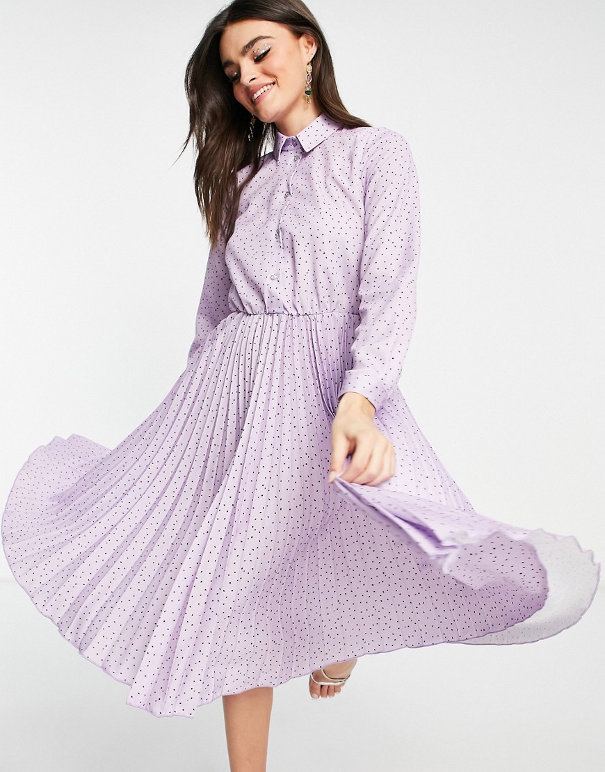 Closet London pleated midi dress with sparkle buttons in lilac dot print-Purple