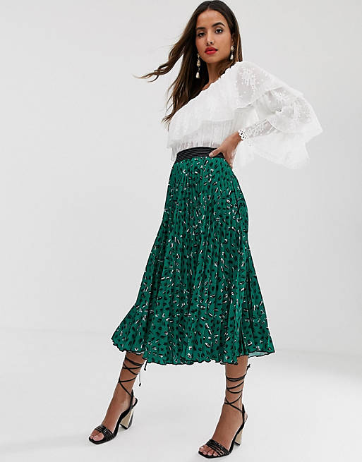 Closet London pleated midi skirt in green fleck print | ASOS
