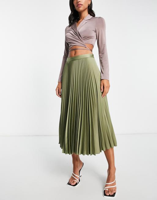 Olive green pleated midi skirt sale