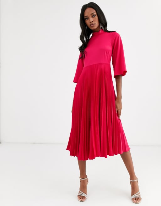 Closet London pleated satin midi dress in fuchsia ASOS