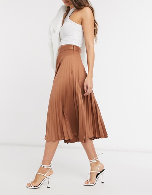 Closet London pleated satin midi skirt in soft brown | ASOS
