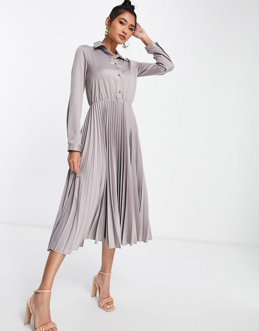 Closet London pleated satin shirt midi dress in antique gray-Grey