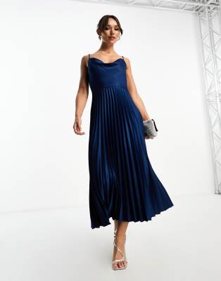 Closet London - Plissiertes Midaxikleid in Marineblau mit Wasserfallausschnitt