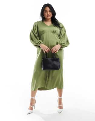 balloon sleeve midaxi dress in olive-Green