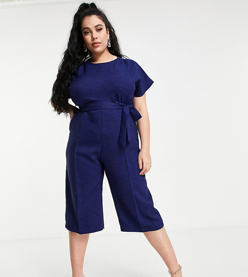 Closet London Plus - Cropped jumpsuit met wijde pijpen, kapmouwen en gestrikte taille in marineblauw