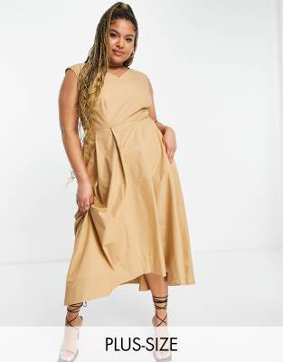 Closet London Plus high low midi dress in camel-Brown