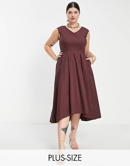  Closet London Plus high low woven midaxi dress in chocolate brown 
