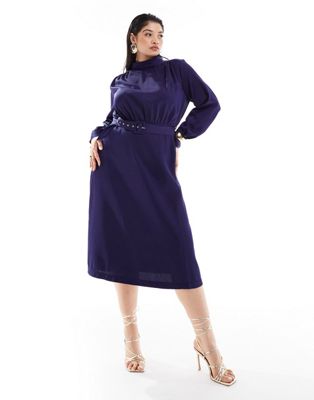 high neck belted midi dress in midnight blue