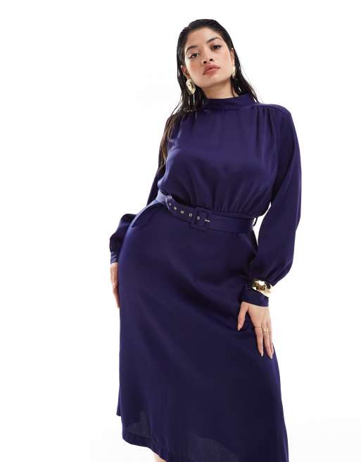 closet london blue dress Closet London Plus high neck belted midi dress in midnight blue