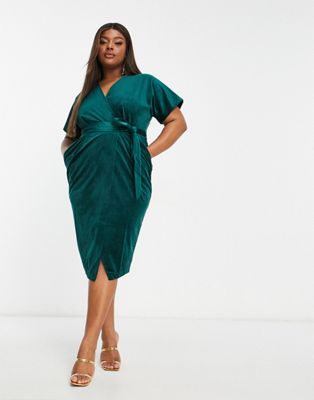 Closet London Plus Kimono Sleeve Velvet Midi Dress With Wrap Tie In Emerald-green
