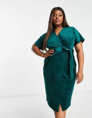 Closet London Plus kimono sleeve velvet midi dress with wrap tie in emerald