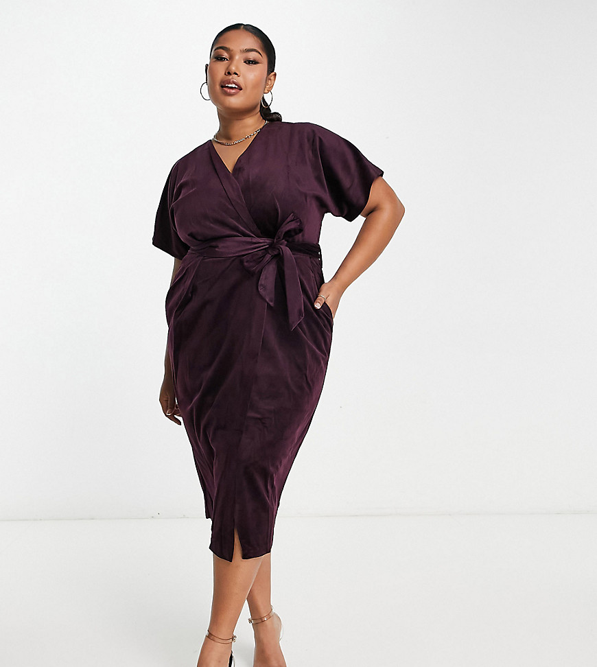 Closet London Plus kimono sleeve velvet midi dress with wrap tie in plum-Purple