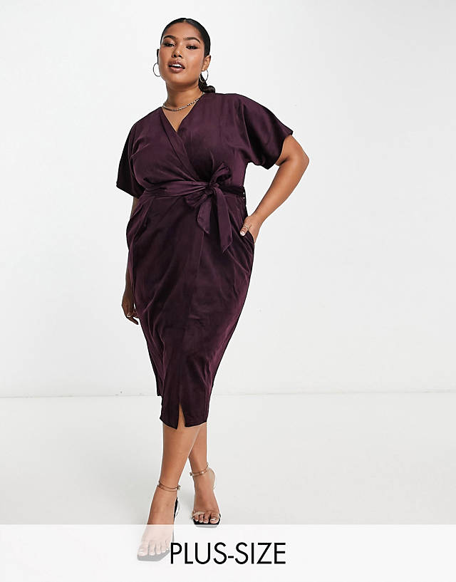 Closet London Plus - kimono sleeve velvet midi dress with wrap tie in plum