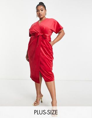 Closet London Plus Kimono Sleeve Velvet Midi Dress With Wrap Tie In Red