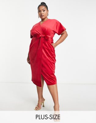 kimono sleeve velvet midi dress with wrap tie in red