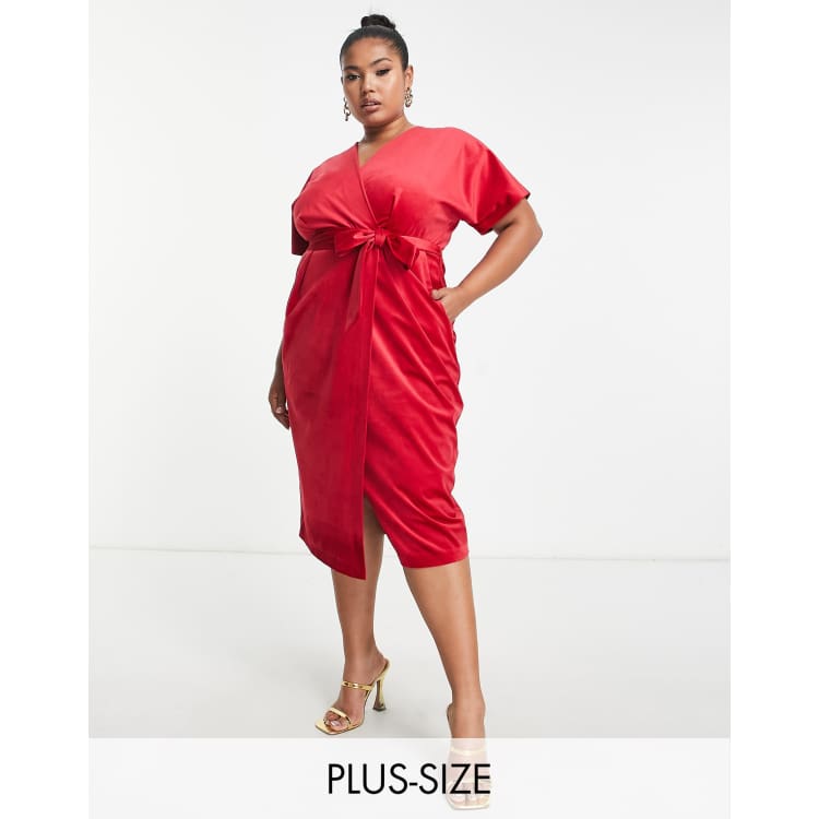 Red satin tie store front kimono sleeve playsuit