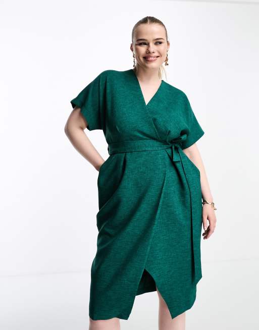 Closet London Plus – Kimono-Wickelkleid in Smaragdgrün