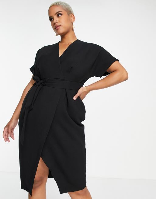 Closet London Plus tie waist kimono jumpsuit in black