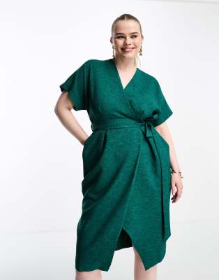 CLOSET LONDON PLUS KIMONO WRAP DRESS IN EMERALD-GREEN