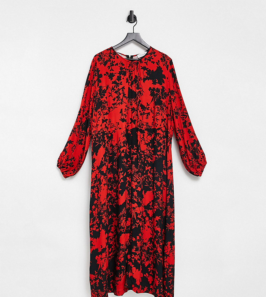 Closet London Plus - Midi jurk met lange mouwen, split en contrasterende bloemenprint in zwart en rood-Multikleur