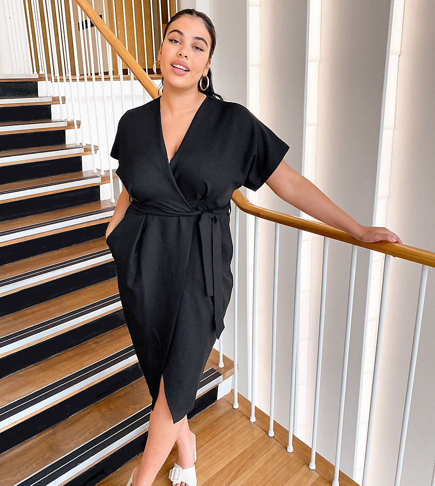 Closet London Plus - Midi jurk met overslag, kimonomouwen en strik in zwart