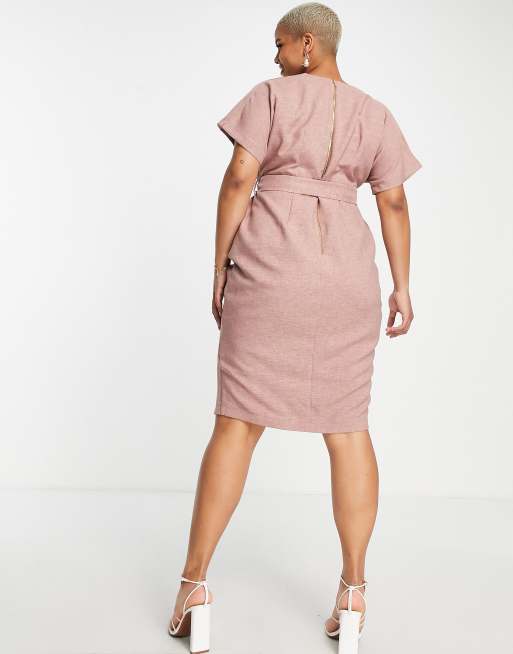 Closet London Plus – Midi-Wickelkleid in Altrosa mit Bindegürtel, 2 von 4