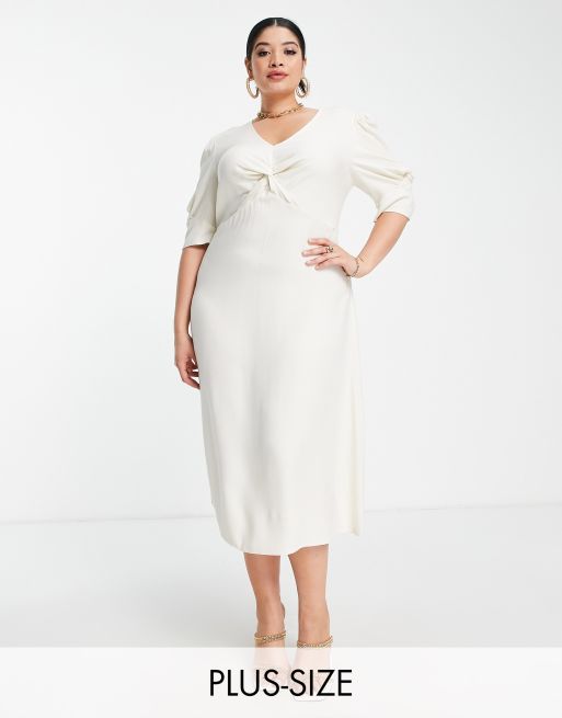 Closet London Plus – Midikleid in Cremeweiß mit verdrehter Vorderseite und Puffärmeln