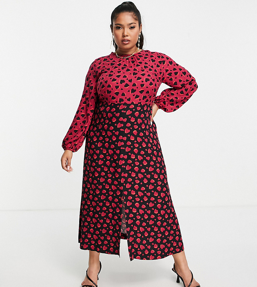 Closet London Plus - Nette midi jurk met contrasterende hartenprint in pruimenkleur-Veelkleurig