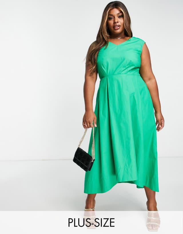 Closet London Plus pleated high low midi dress in green