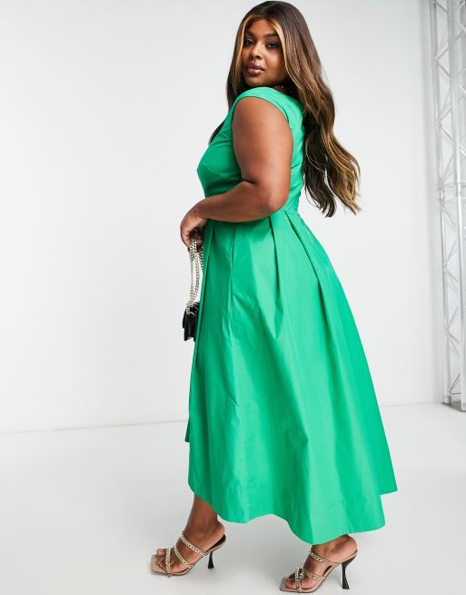 Closet London Plus pleated high low midi dress in green, 3 of 4