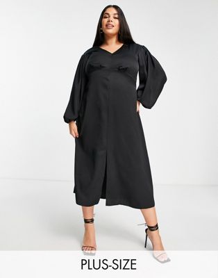 Femme Closet London Plus - Robe mi-longue à taille empire et manches volumineuses - Noir