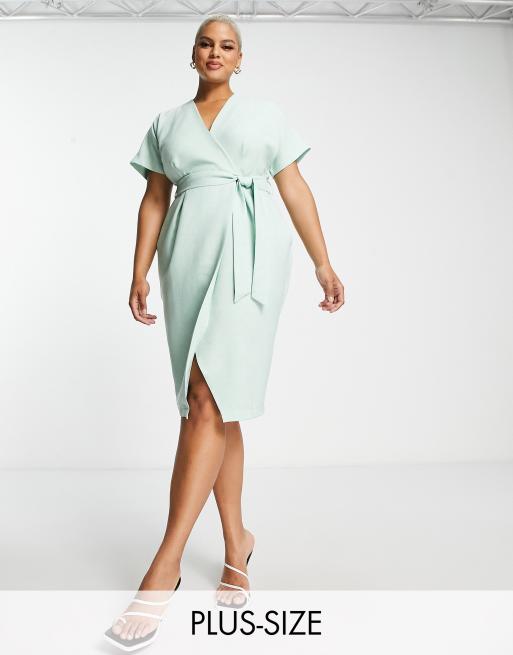 Closet London Plus - Robe mi-longue cache-cœur avec lien à nouer - Sauge