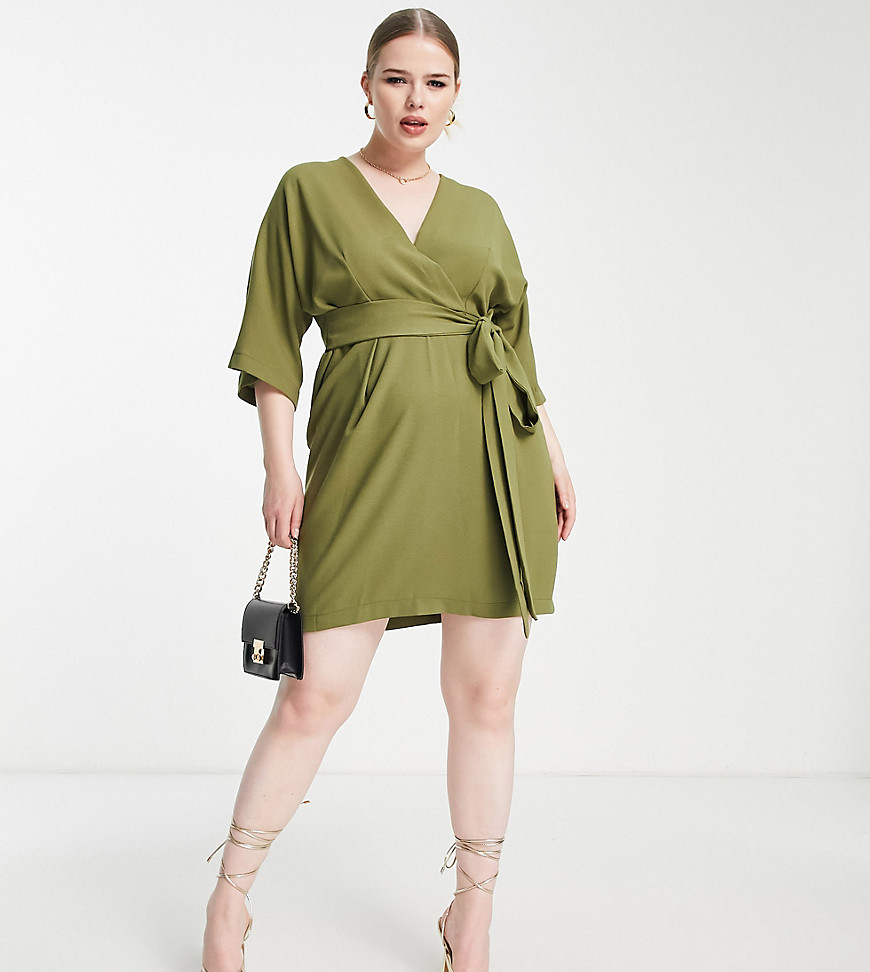 tie back wrap front mini dress in olive-Green