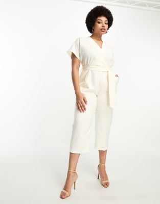 Closet London Plus tie waist kimono jumpsuit in ivory-White