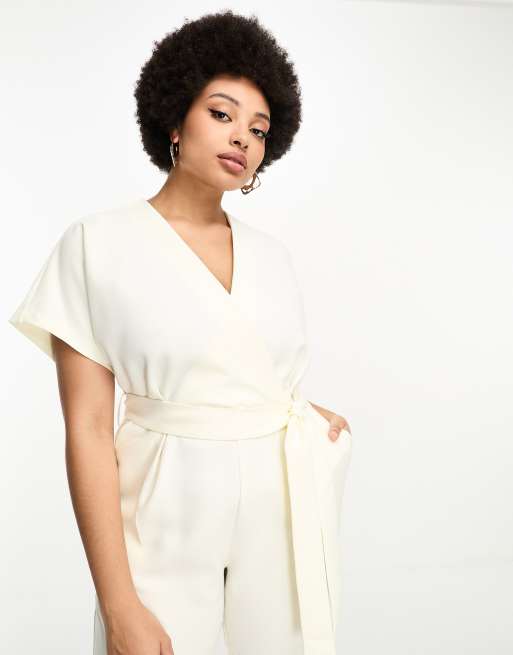 Closet London Plus tie waist kimono jumpsuit in ivory | ASOS